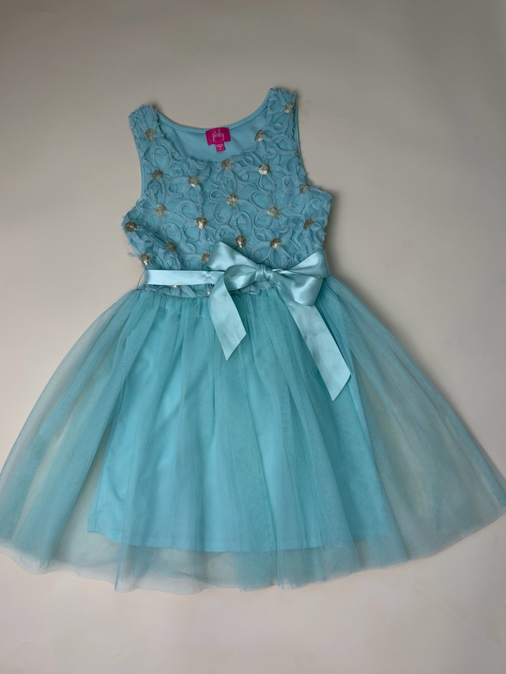 Pinky Aqua Floral Rosette Dress with Gold Sequin Accents